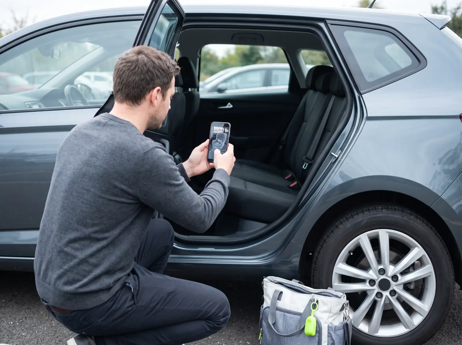 A parent kneels at the open rear door of a car and points a phone at the empty back seat, where the car seat appears in AR on the screen.