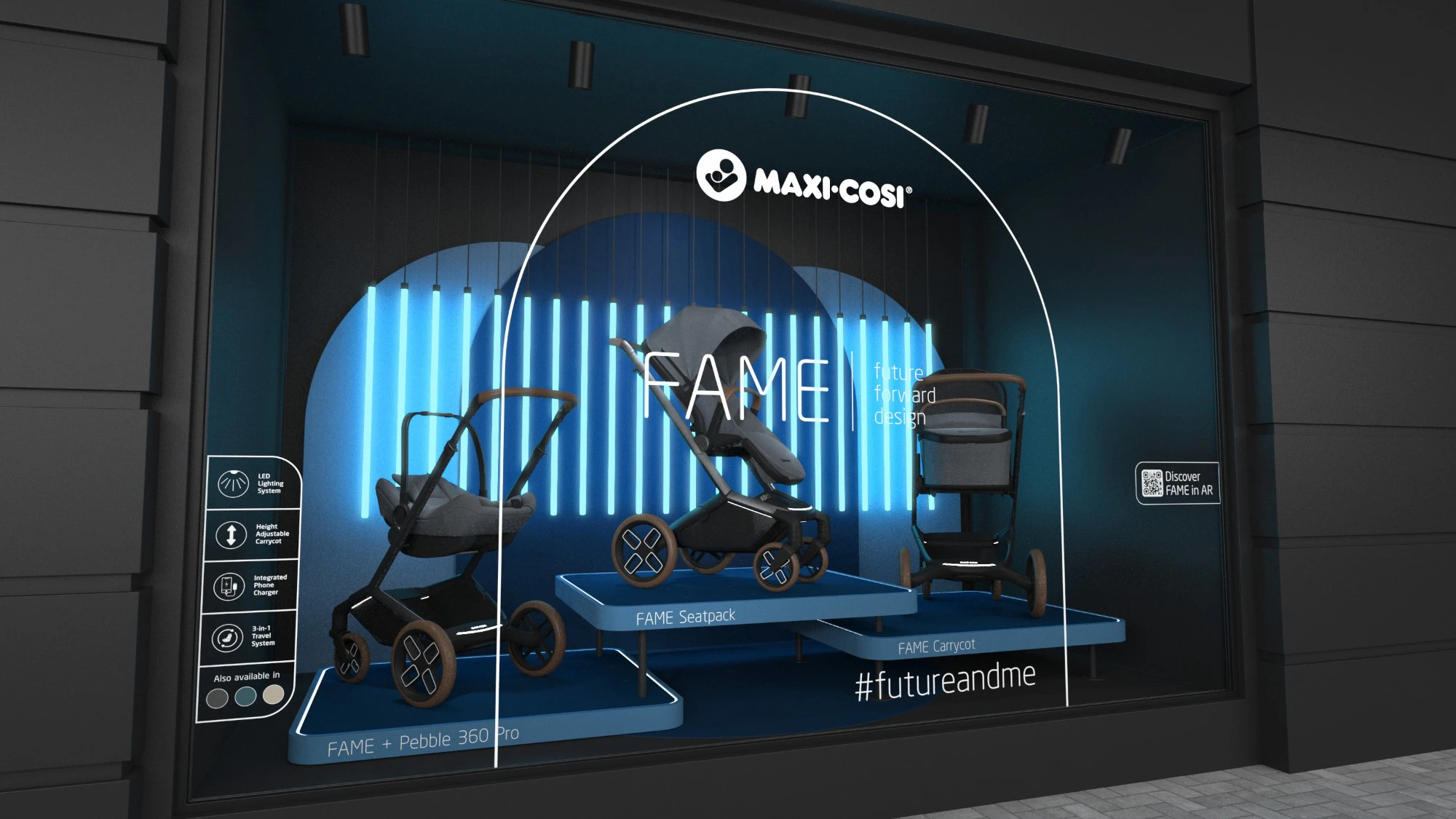 Store window for the Maxi-Cosi Fame launch, with a QR code to discover Fame in AR