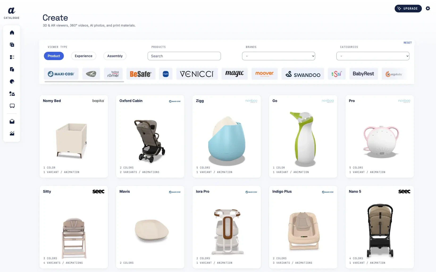 ARkid Catalogue’s Create page: a filter card with viewer types and brand logos above a grid of product cards, each with a 3D render, its colours and variants.
