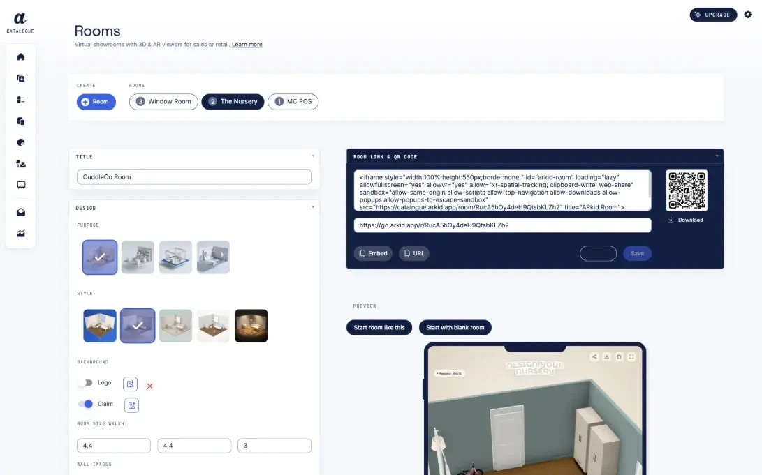 The Rooms Configurator: room tabs, a title field, purpose and style tiles, and the room link with its embed code and QR code on a navy panel.
