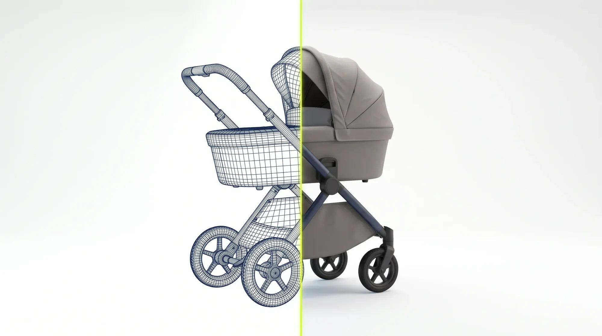 A stroller split down the middle: wireframe topology on the left, the finished render on the right
