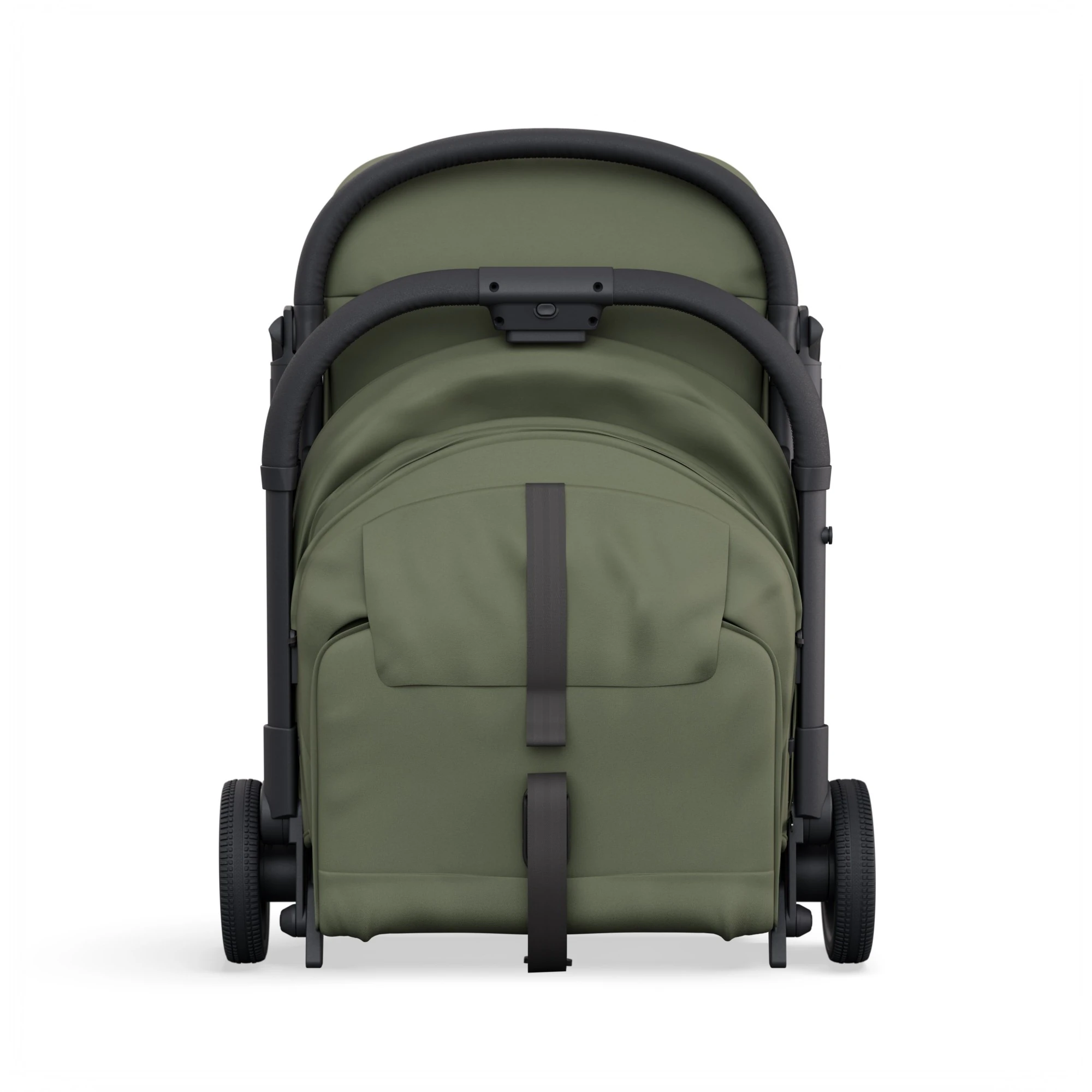 Pack shot render of the Nano 5 in olive green from behind: push bar, canopy and seat back with its strap.