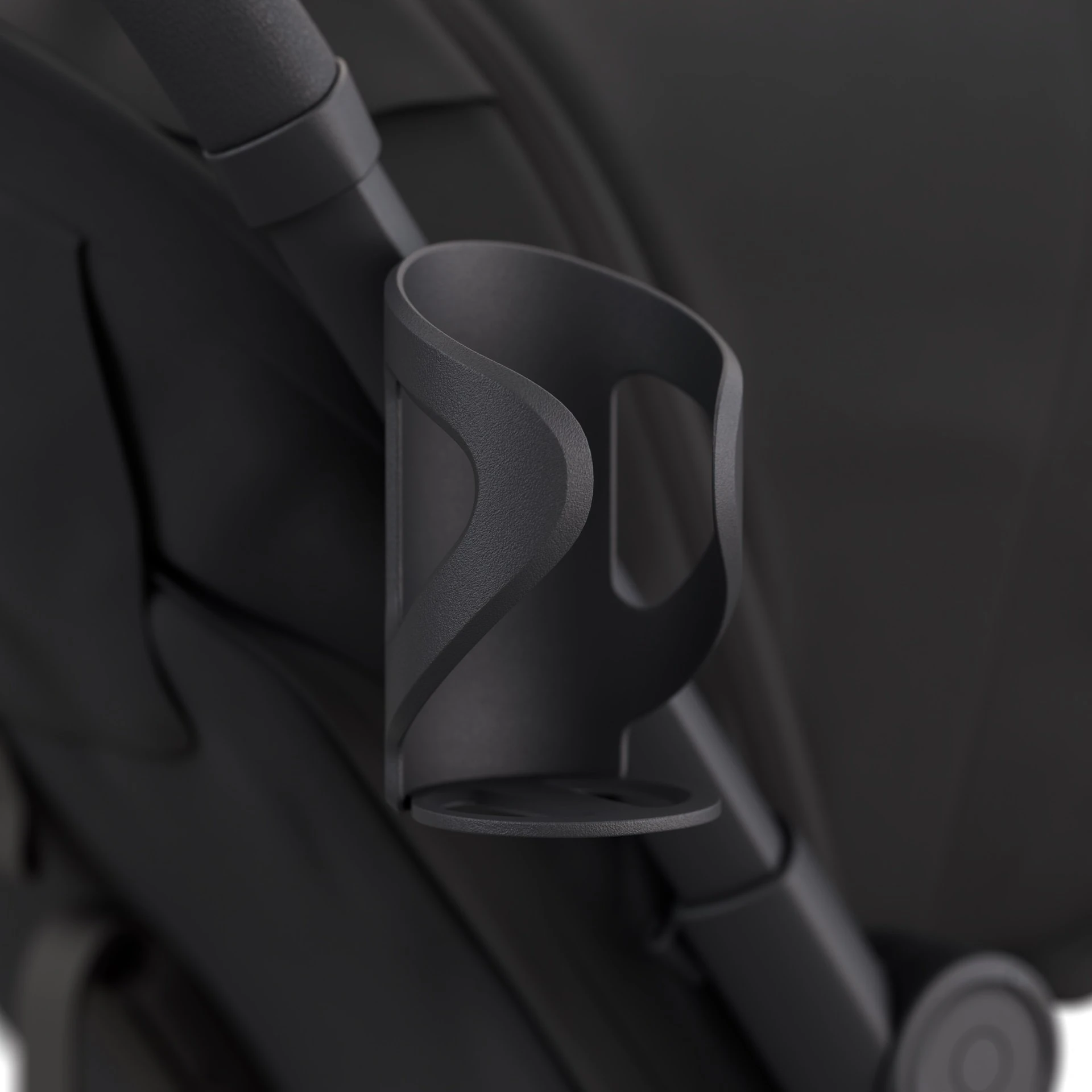 Close-up render of the Nano 5's black cup holder mounted on the frame.