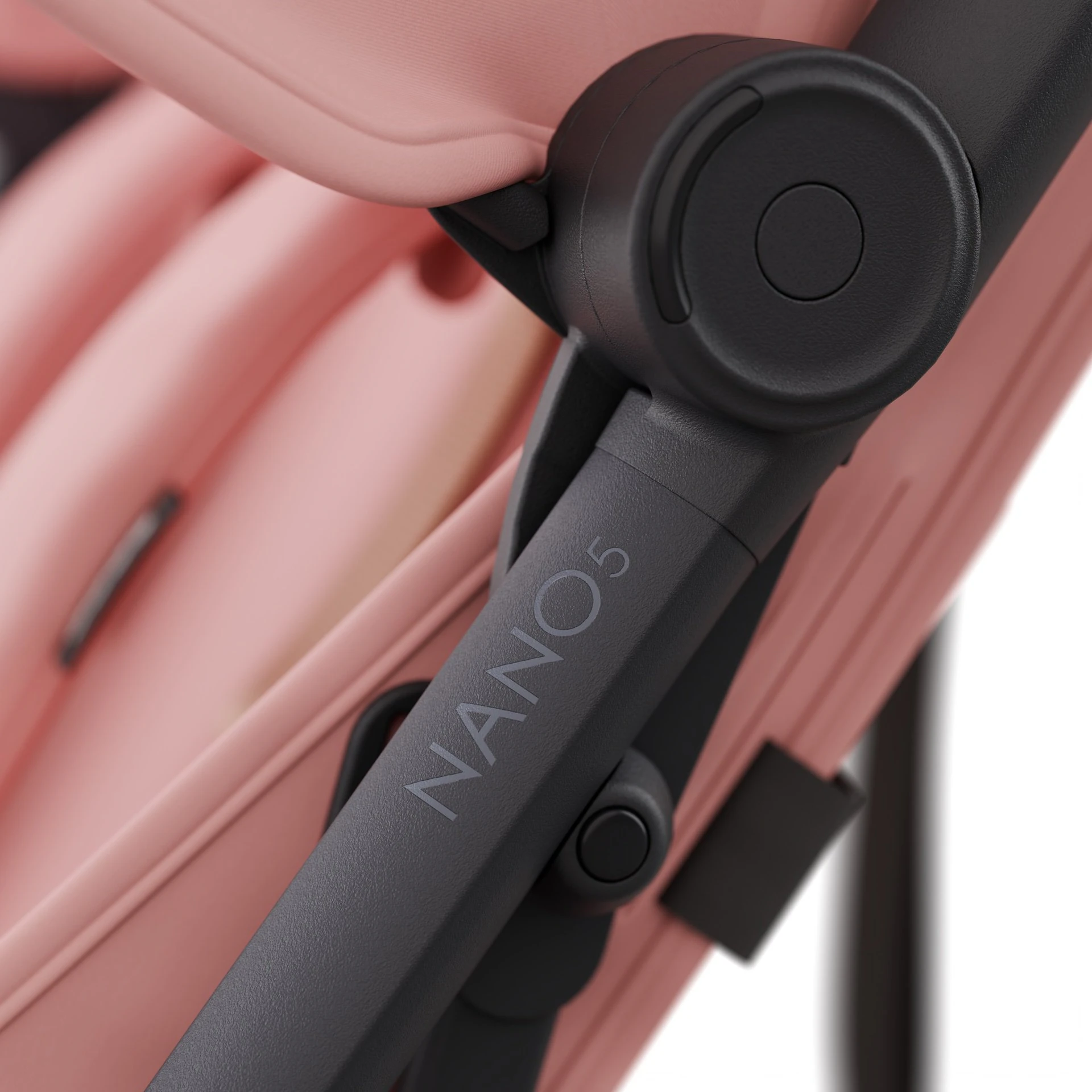 Close-up render of the Nano 5's black frame hinge with the NANO5 lettering.