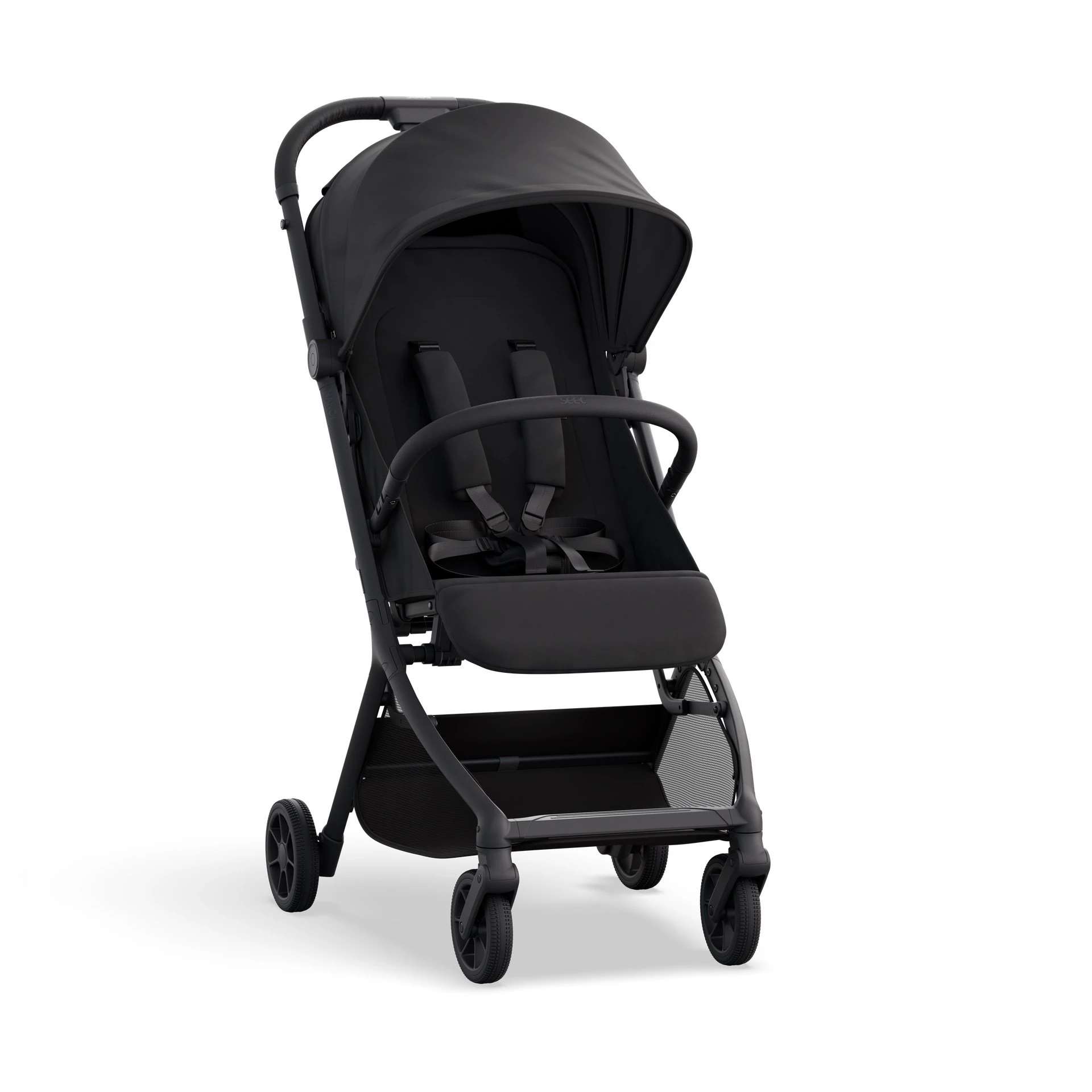Pack shot render of the Nano 5 in black from the front three-quarter view, canopy extended and harness open.