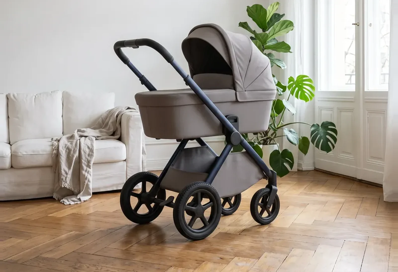 The same stroller placed in a generated Berlin apartment scene