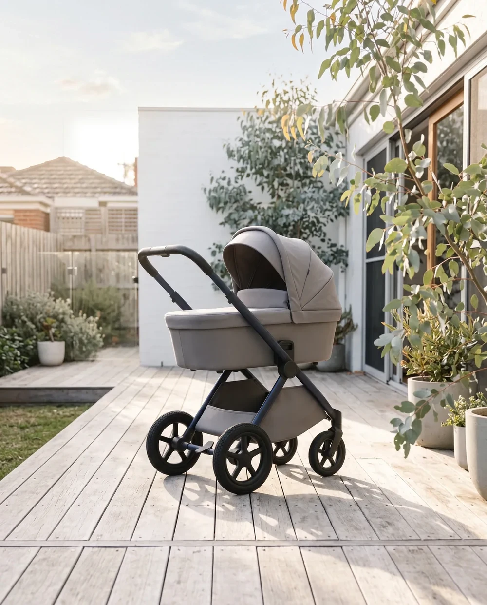 The stroller on a timber deck in a Melbourne backyard