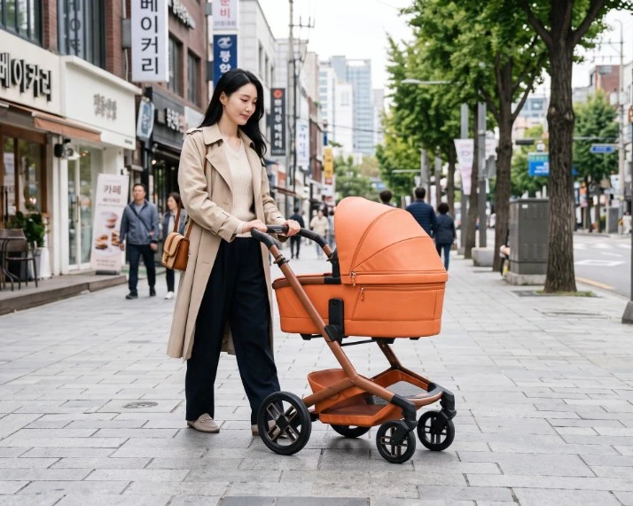 A woman pushes the same terracotta stroller along a Seoul shopping street, a regional scene generated around the twin