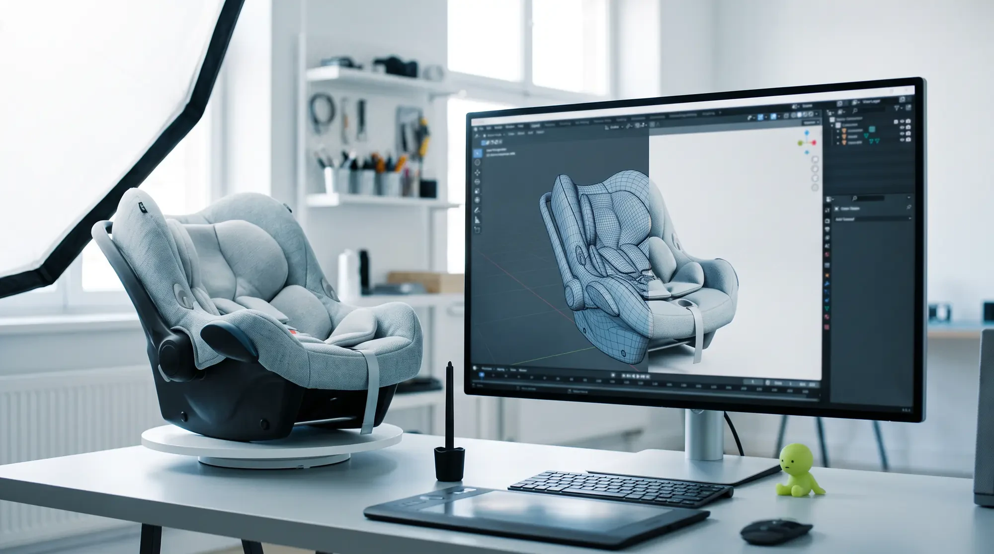 A 3D artist’s desk: an infant car seat sample on a turntable beside a monitor showing its wireframe and finished render