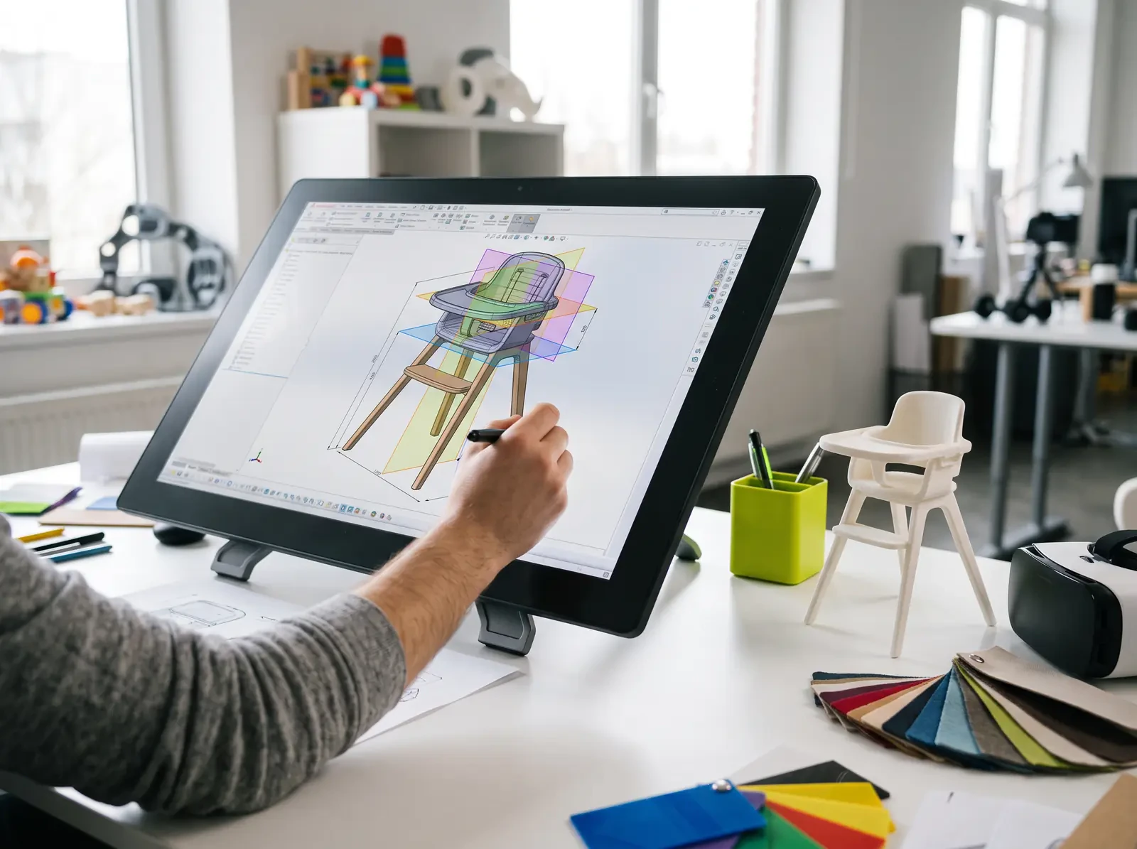 A product designer draws a children's high chair on a pen display, its CAD model cut by coloured section planes; a white 3D-printed prototype of the chair, fabric swatches and a VR headset stand on the desk.